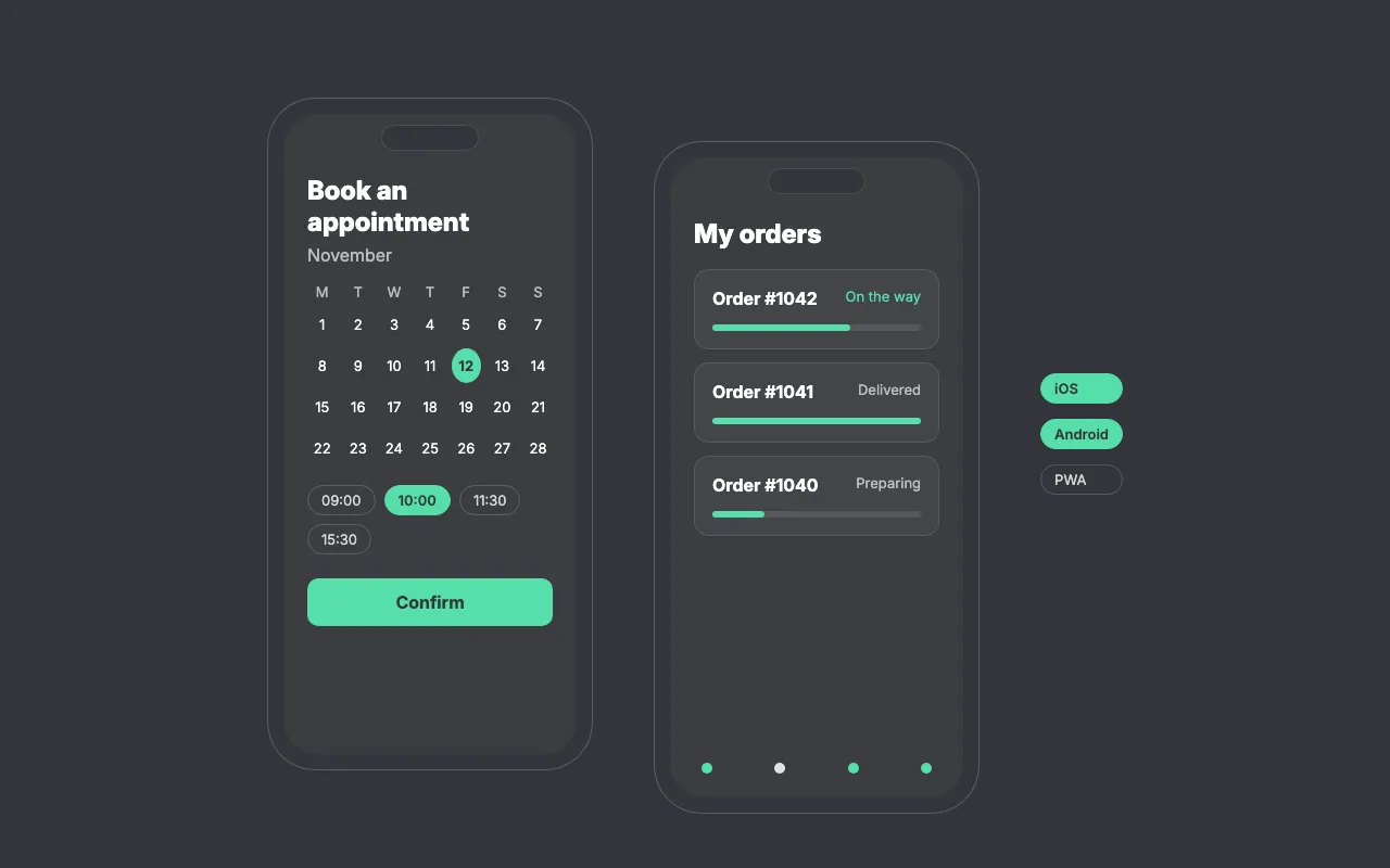 Mockup of a mobile app to book appointments and track orders on iOS and Android.