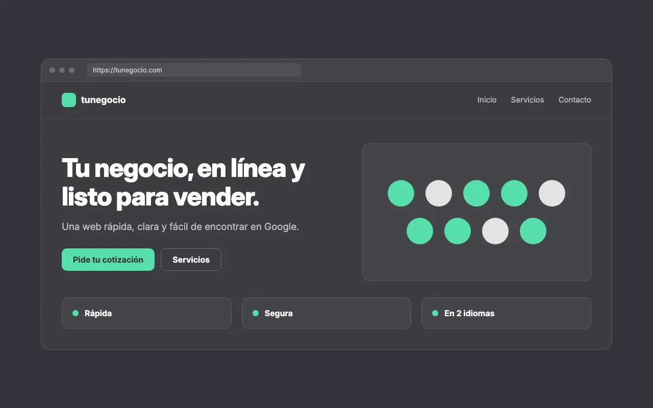 Maqueta de una página web de negocio con titular, botones y ventajas.